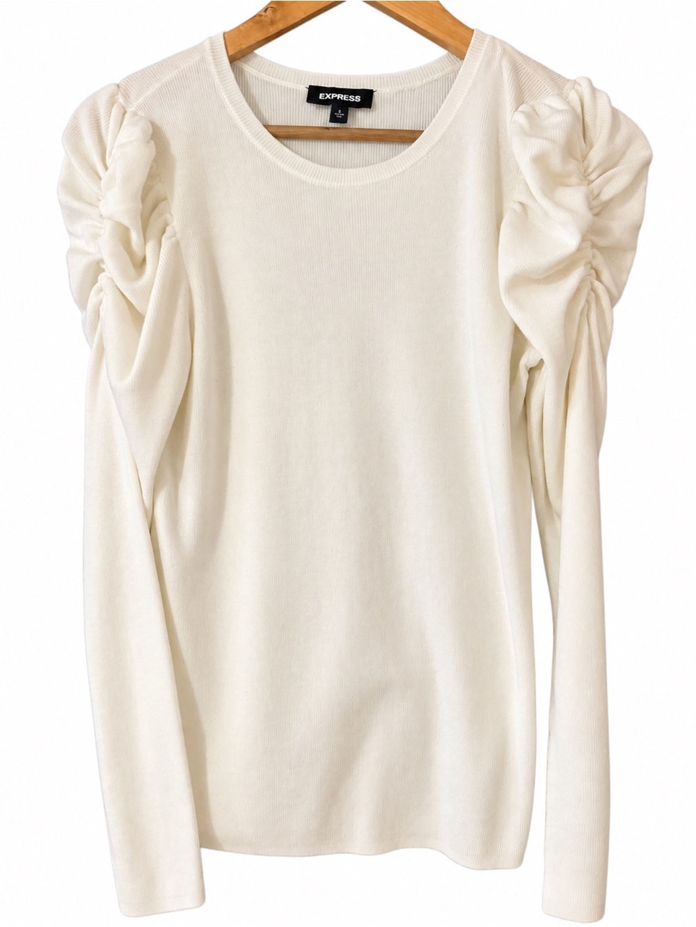 Express Cream Puff-Sleeve Long Sleeve Top - Ruched Shoulders